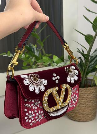 Сумка жіноча valentino garavani бордова оксамитова з вишивкою