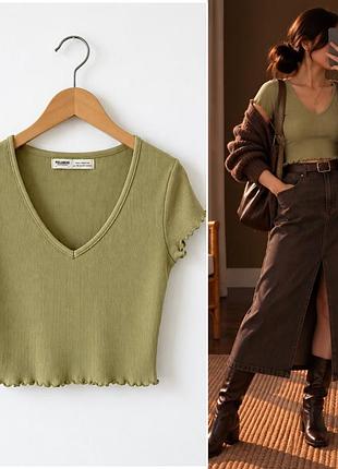 Оливковий топ pull&bear у рубчик | v-виріз |