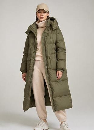 Пуховик куртка mango s, xs, m, зимние пальто, куртка хаки, зелёный пуховик, длинный пуховик с капюшоном с карманами, манго, брендовая куртка