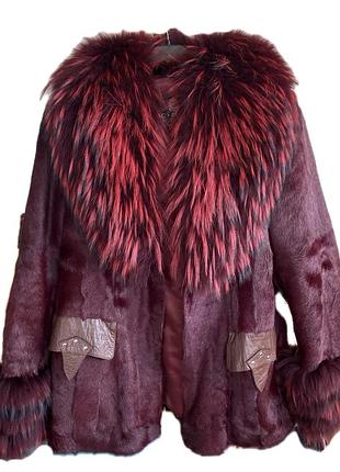 Бордова шуба полушубок sc royal collection, розмір xl. натуральне хутро єнота