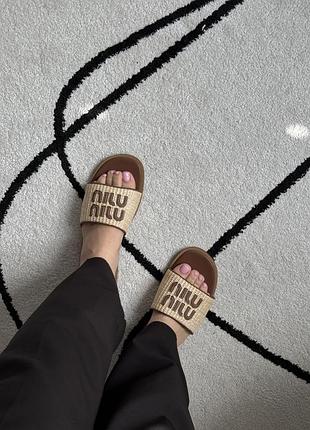 Miu miu raffia slide sandals beige 4