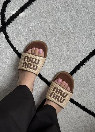 Miu miu raffia slide sandals beige 8