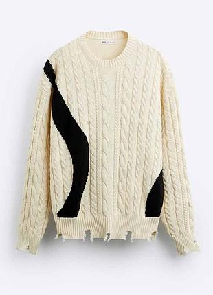 Zara в наявності текстурований unisex светр в коси кремового кольору зі рваностями
