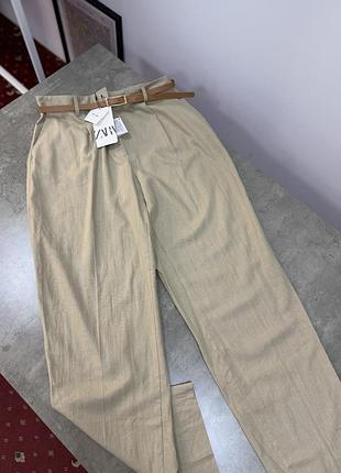 Брюки жіночі zara бежеві лляні з поясом