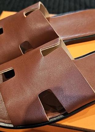Шльопанці чоловічі hermes h-слайди, коричневі, 43 розмір, шкіра
