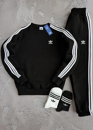 Костюм спортивный зимний adidas на флисе черный свитшот адидас теплый + брюки xs / s / m / l / xxl / xxxl