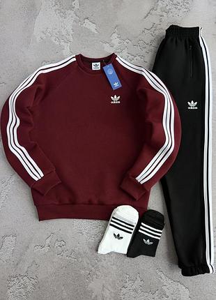 Чоловічий спортивний костюм adidas зимовий світшот бордовий на флісі + штани адідас xs / s / m / l / xl / xxl / xxxl