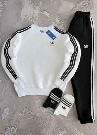 Свитшот adidas белый на флисе + штаны зима адидас спортивный костюм теплый xs / s / m / l / xl / xxl / xxxl