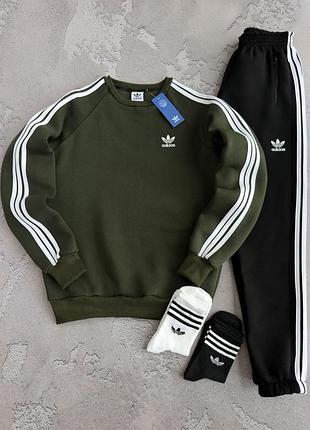 Чоловічий спортивний костюм adidas хакі зимовий на флісі світшот + штани адідас xs / s / m / l / xl / xxl / xxxl