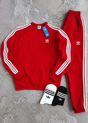 Красный спортивный костюм adidas на флисе зимний свитшот теплый + штаны xs / s / m / l / xl / xxl / xxxl