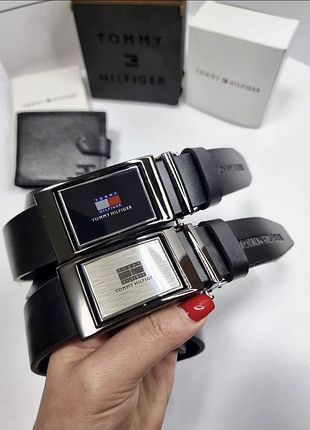 Кожаный ремень tommy hilfiger с двусторонней пряжкой автомат 3,5 см, ремень мужской, ремень с двухсторонней пряжкой
