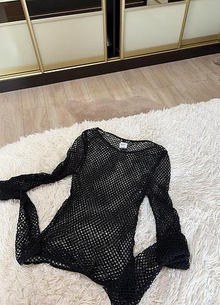 Черный лонгслив с длинными рукавами в крупную эластичную сетку zara
