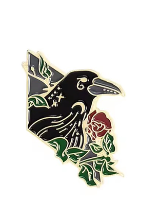 Металлический значок черный ворон красная роза брошь raven rose черная ворона эдгар аллан по halloween хэллоуин