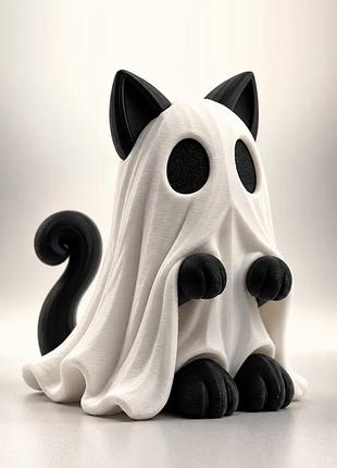 Фігурка кіт-привид ghost cat 12 см / настільна статуетка чорний кіт у простирадлі / декор на геловін та подарунок