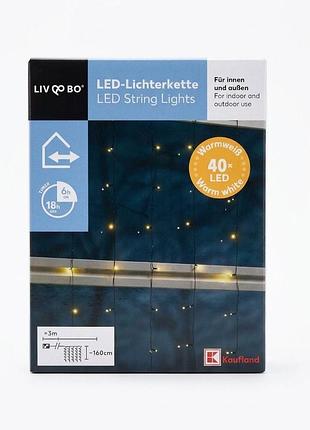 Led гірлянда 40 led з теплим білим світлом, таймером 6 год, на батарейках, ip44, 5 ниток по 1,6 м