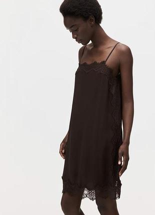Віскозна сукня шоколадна з мереживом h&m, плаття, сукня-сліп