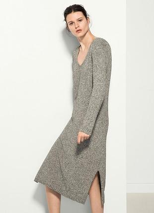 Серое меланжевое трикотажное платье миди massimo dutti
