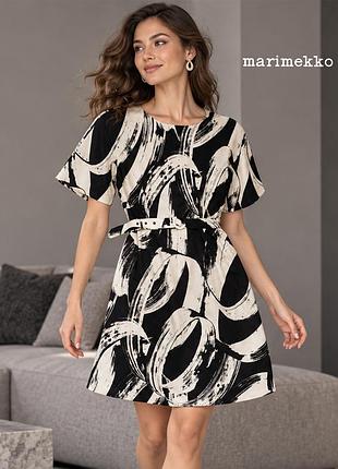 Оригінальна молочно сіра сукня з поясом абстрактним принтом marimekko 38 s-m