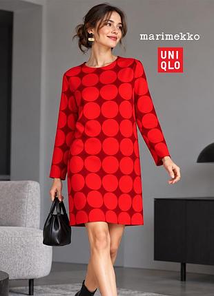Новое оригинальное платье красное в горошек с карманами marimekko x uniqlo 160 см, подойдет на xs-s