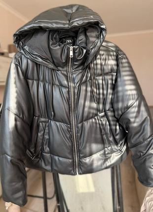 Куртка зимова zara з екошкіри,пуфер