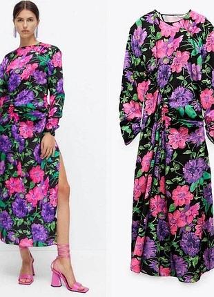 Zara сукня міді з розрізом та квітковим принтом