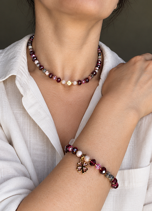 Комплект украшений ожерелье и браслет из агата и кристаллов swarovski