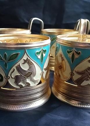 Советские подстаканники с эмалями  "грифоны" 6 шт.