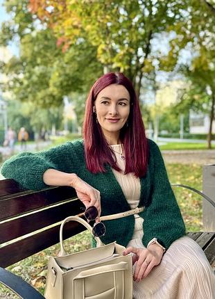 Жіночий мохеровий кардиган ручної роботи, смарагдовий, розмір 42-46