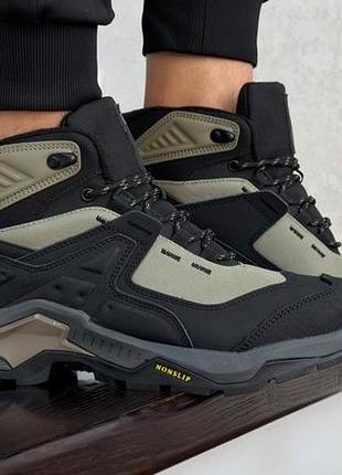Чоловічі високі кросівки хакі термо саломон зима осінь salomon  gtx чорні з хакі