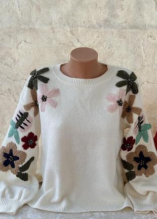 🌸 стильний в'язаний светр з об'ємною квітковою вишивкою (boho style)