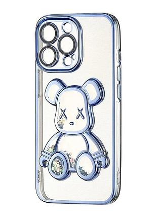 Прозрачный силиконовый чехол с жидкими блестками "мишка" для iphone 13 pro (blue)