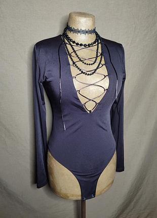 Боді жіноче коричневе зі шнурівкою з довгим рукавом