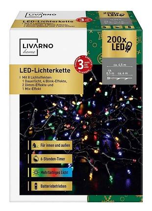 Led гірлянда 4,5 м, 200 led, різнокольорове світло, 8 режимів, таймер 6 год, на батарейках, ip44