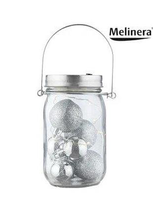Melinera led підсвічник-ліхтар зі скла, сріблясті блискучі кульки, тепле біле світло, на батарейках, ø 8 × 14 см
