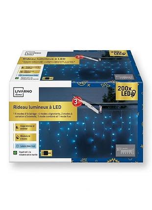 Led штора-гирлянда 6 м, 200 led, холодный белый свет, 40 нитей, 8 режимов, таймер 6 часов, ip44