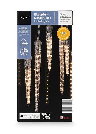 Led гирлянда «сорульки» 17,6 м, 15 сосулек, 148 led, теплый белый свет, ip44led