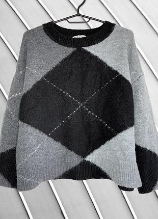 Жіночий сіро-чорний светр з вовною primark s m 44 46 примарк вовняний теплий оверсайз светр з принтом ромб кофта primark s m