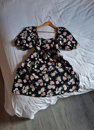 Женское черное платье в розы с рукавами фонариками h&amp;m