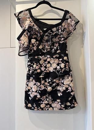 Оригінальна сукня self-portrait frilled midnight floral one-shoulder mesh dress (стан нової)