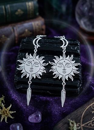 Оригинальные мистические серьги "месяц солнце перо" 🌙 ☀️🪶