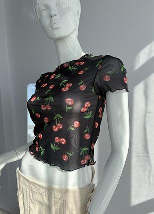 Топ сітка bershka з принтом вишень, чорний, розмір m