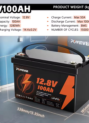 Аккумулятор lifepo4 12.8v 100ah powinver (1280wh) с smart bms
