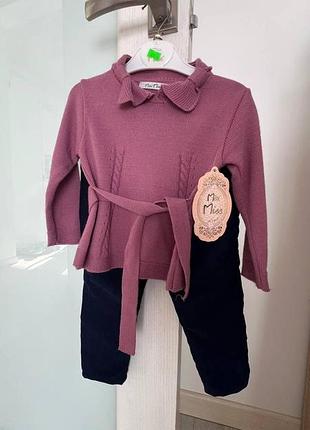 В'язаний костюм mini miss для дівчинки 3 роки (зріст 98 см) пудровий туніковий светр з поясом + темно-сині штани