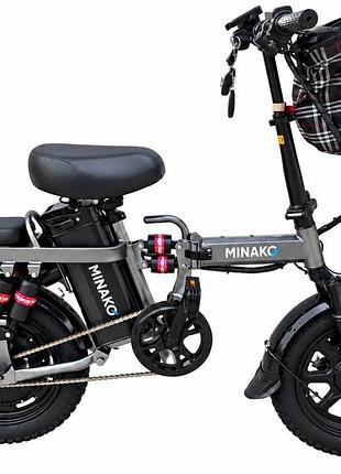 Велосипед электрический складной minako mini 16" (1000w 48v 24ah) с сумкой серый
