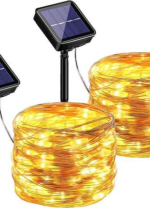 Hangyiwei - солнечная led-гирлянда 2×17 м, 300 led, теплый белый свет, 8 режимов, водонепроницаемая ip65