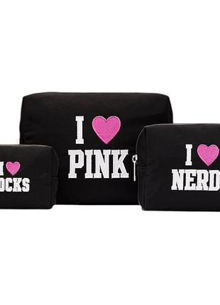 Набор косметичек pink victoria’s secret makeup bag trio black