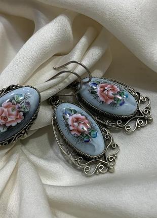 🌸 👑  винтажный гарнитур розовая роза кольца и серьги с горячей эмалью и сканья traditional enamel art / filigree style ✨