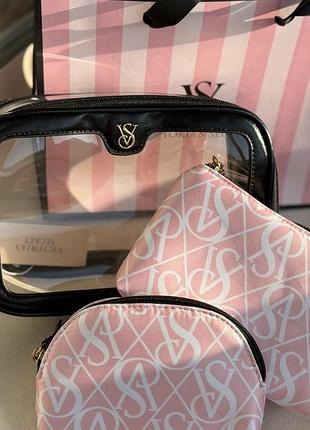 Косметичка жіноча victoria's secret рожева, чорна, прозора, набір