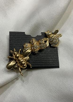🐝 💛 ✨ сет из 3 винтажных брошек-пенов золотые пчела бабочка мушка жук со стразами 1990и classic glamour ✨