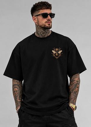 Чоловіча футболка оверсайз xxl з принтом бджола та корона, чорна футболка streetwear з малюнком на спині